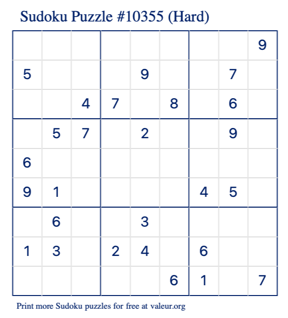 Free Printable Hard Sudoku Puzzle number 10355