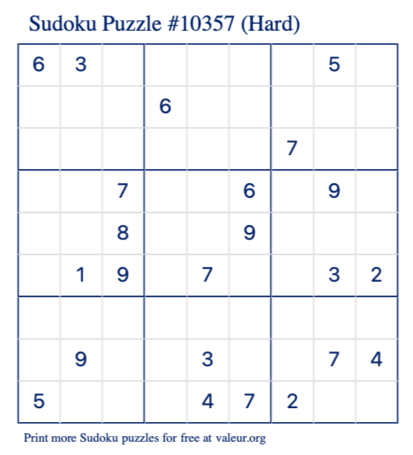 Free Printable Hard Sudoku Puzzle number 10357