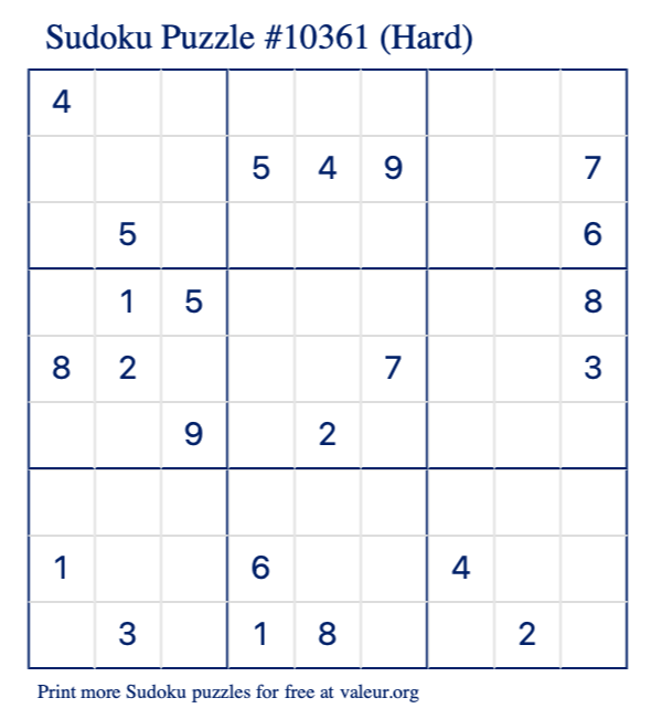 Free Printable Hard Sudoku Puzzle number 10361