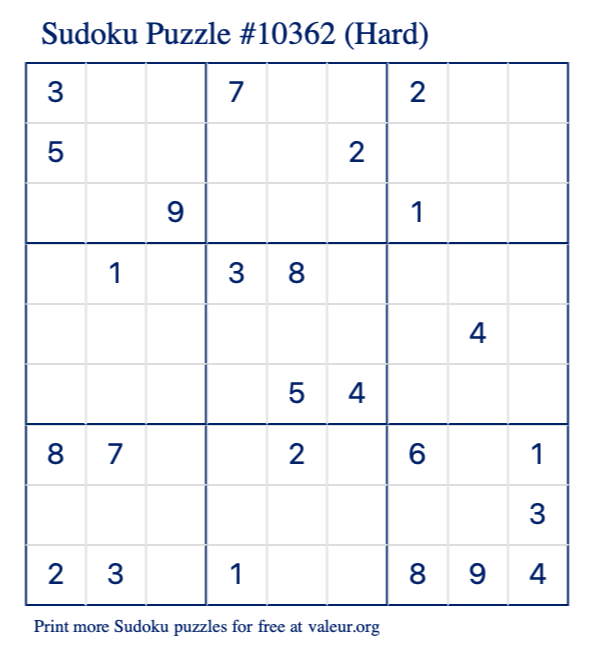 Free Printable Hard Sudoku Puzzle number 10362