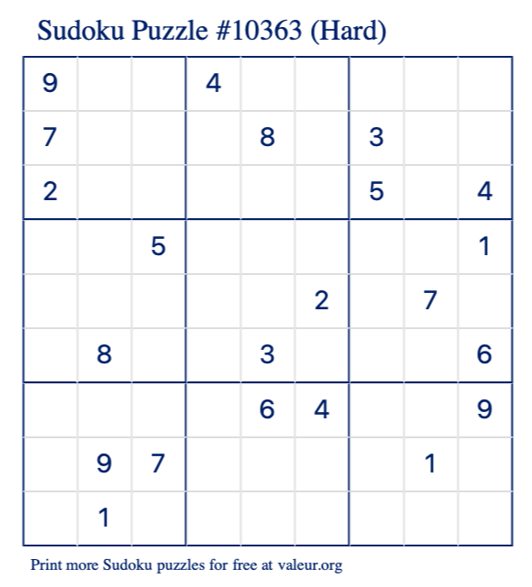 Free Printable Hard Sudoku Puzzle number 10363