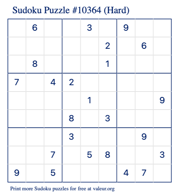 Free Printable Hard Sudoku Puzzle number 10364