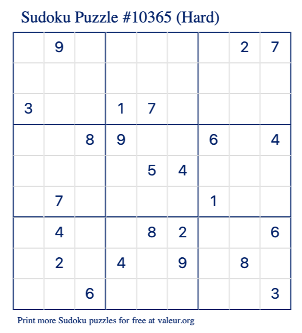 Free Printable Hard Sudoku Puzzle number 10365