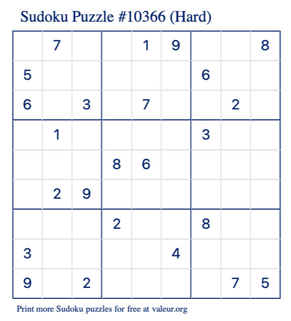 Free Printable Hard Sudoku Puzzle number 10366