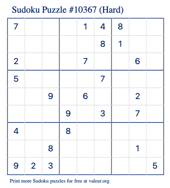 Free Printable Hard Sudoku Puzzle number 10367