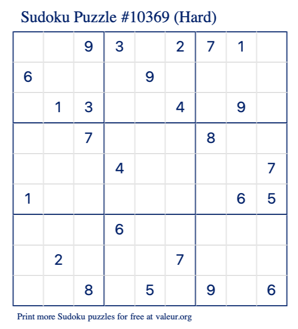 Free Printable Hard Sudoku Puzzle number 10369