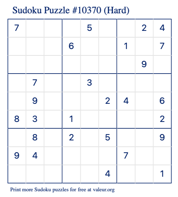 Free Printable Hard Sudoku Puzzle number 10370
