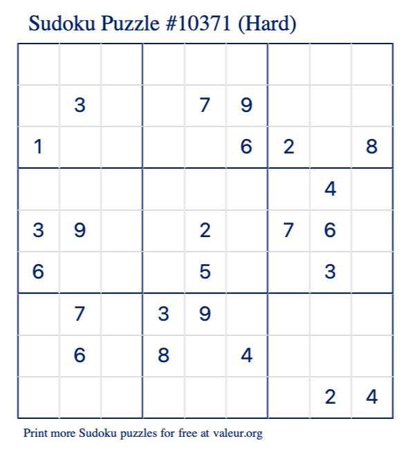 Free Printable Hard Sudoku Puzzle number 10371