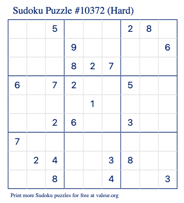 Free Printable Hard Sudoku Puzzle number 10372