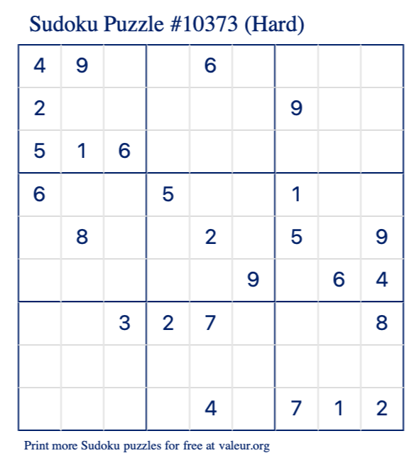 Free Printable Hard Sudoku Puzzle number 10373