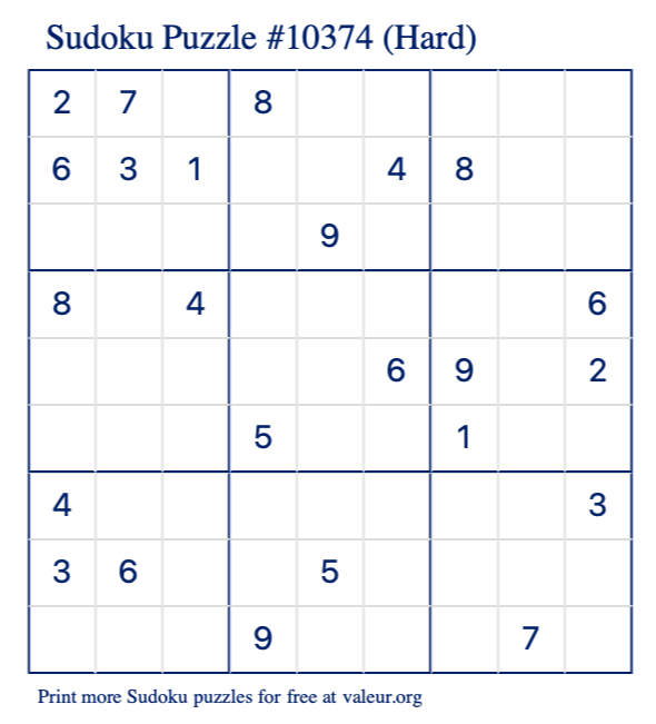 Free Printable Hard Sudoku Puzzle number 10374