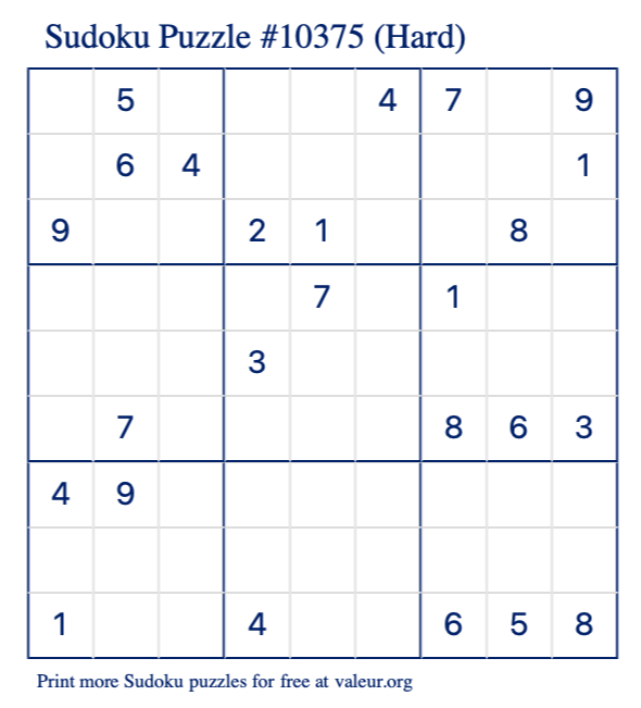 Free Printable Hard Sudoku Puzzle number 10375