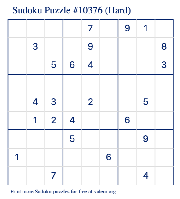 Free Printable Hard Sudoku Puzzle number 10376