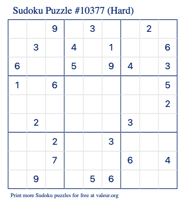 Free Printable Hard Sudoku Puzzle number 10377