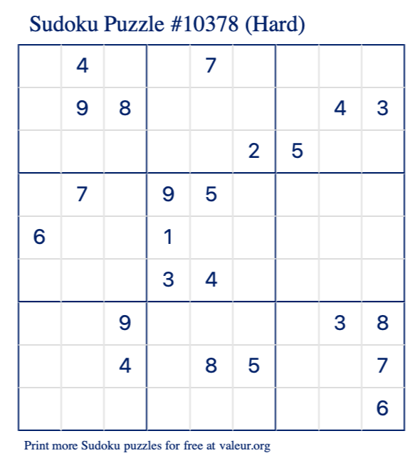 Free Printable Hard Sudoku Puzzle number 10378