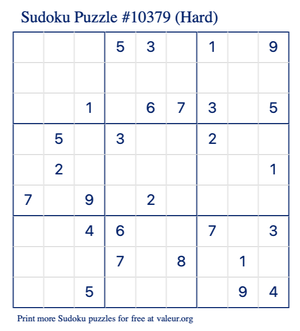 Free Printable Hard Sudoku Puzzle number 10379