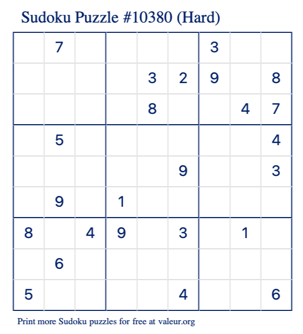 Free Printable Hard Sudoku Puzzle number 10380
