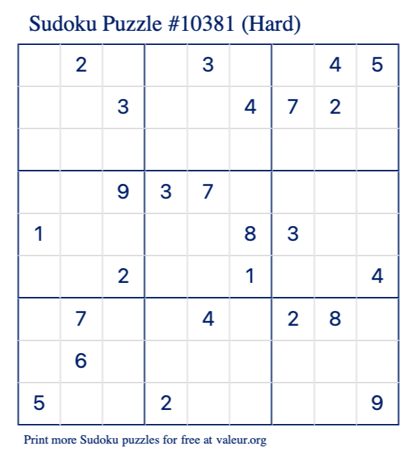 Free Printable Hard Sudoku Puzzle number 10381