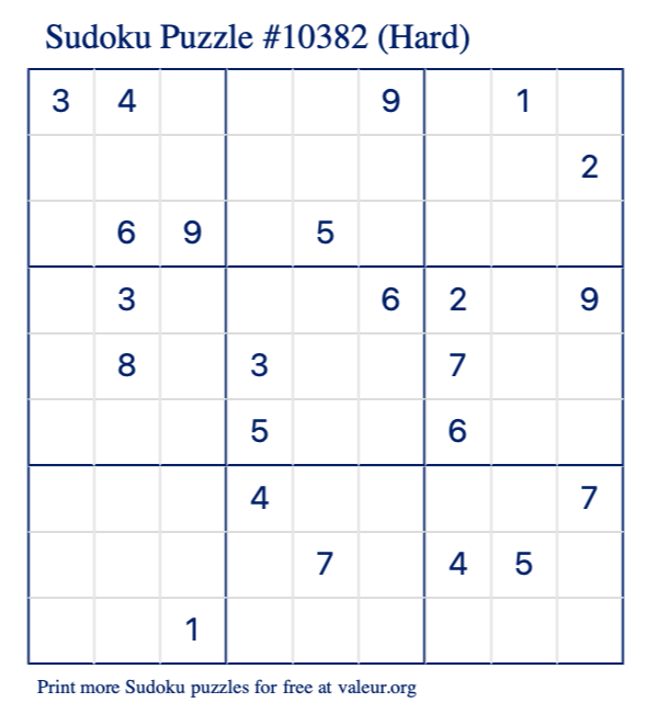 Free Printable Hard Sudoku Puzzle number 10382