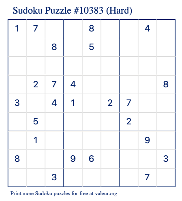Free Printable Hard Sudoku Puzzle number 10383