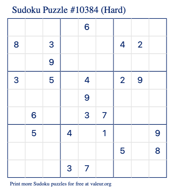 Free Printable Hard Sudoku Puzzle number 10384