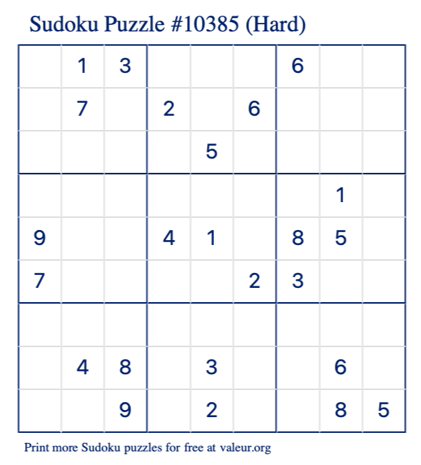 Free Printable Hard Sudoku Puzzle number 10385