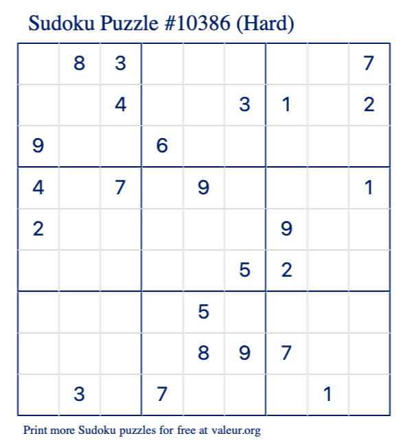 Free Printable Hard Sudoku Puzzle number 10386