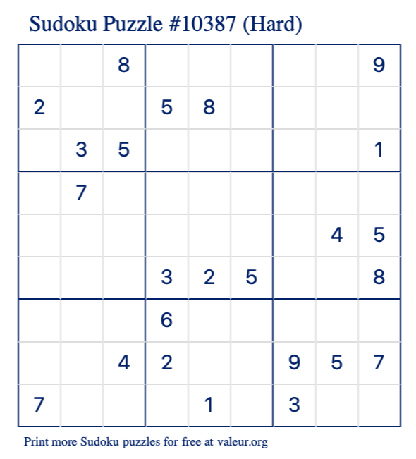Free Printable Hard Sudoku Puzzle number 10387