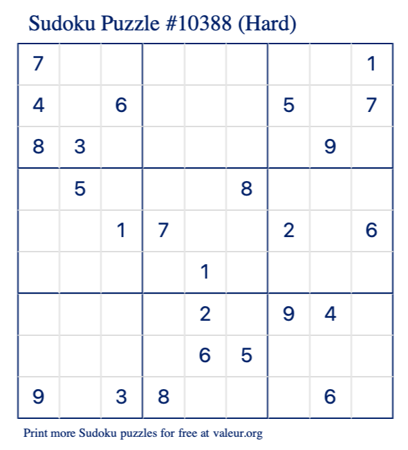 Free Printable Hard Sudoku Puzzle number 10388