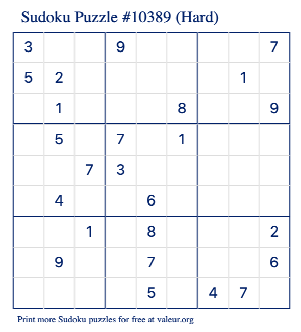 Free Printable Hard Sudoku Puzzle number 10389