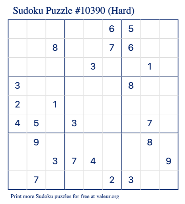 Free Printable Hard Sudoku Puzzle number 10390