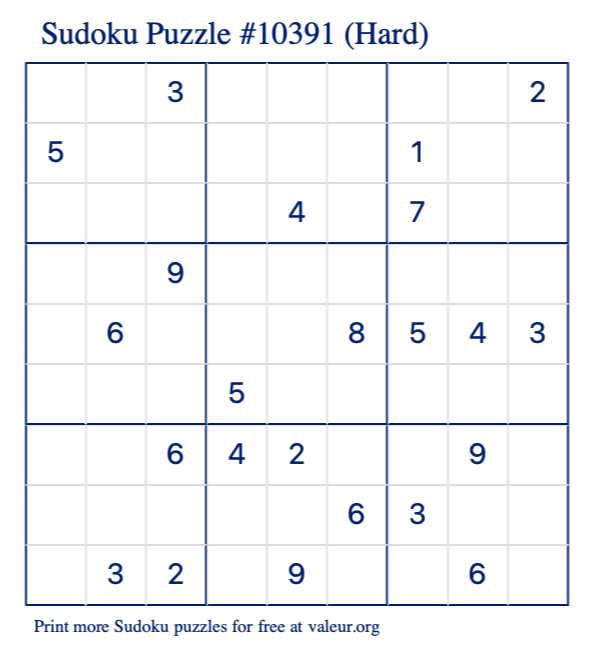 Free Printable Hard Sudoku Puzzle number 10391