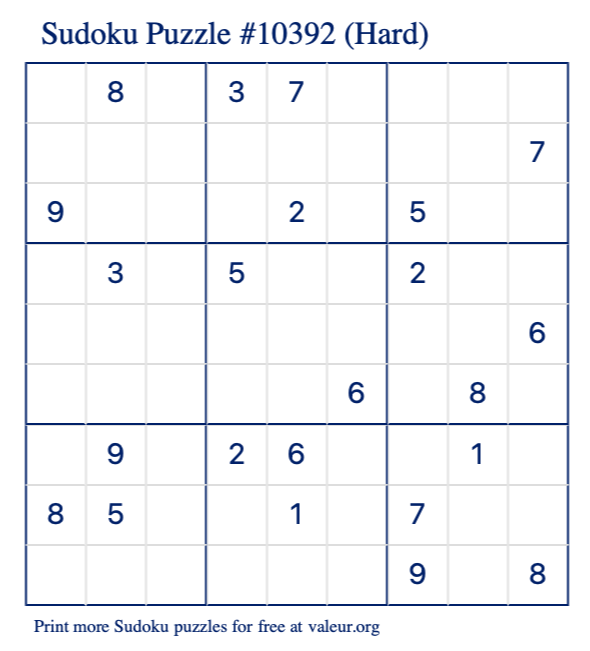 Free Printable Hard Sudoku Puzzle number 10392
