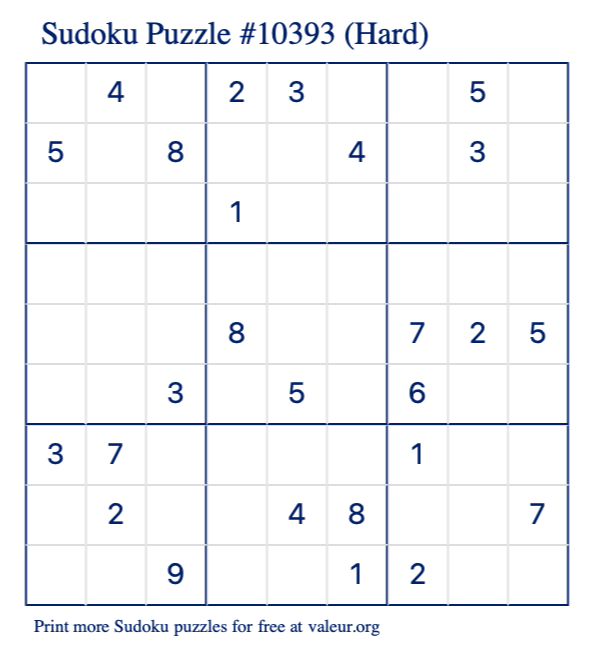 Free Printable Hard Sudoku Puzzle number 10393