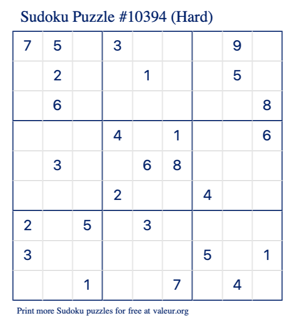Free Printable Hard Sudoku Puzzle number 10394