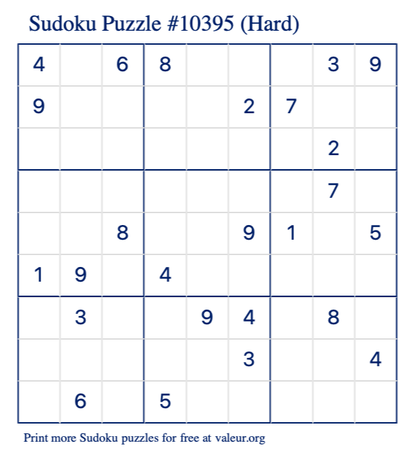 Free Printable Hard Sudoku Puzzle number 10395
