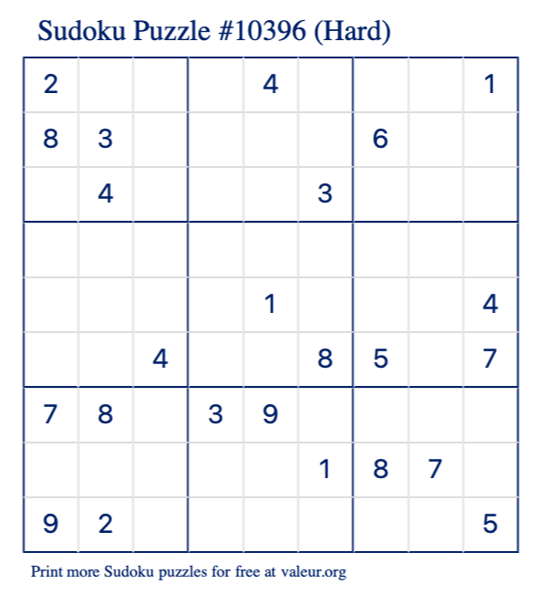 Free Printable Hard Sudoku Puzzle number 10396