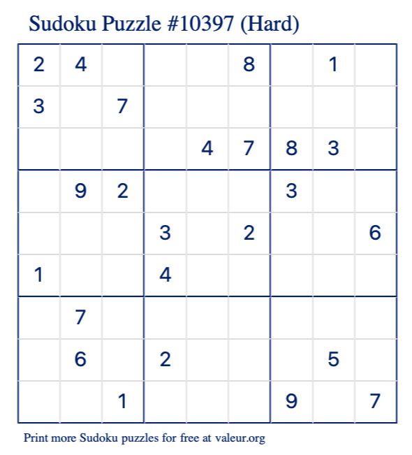Free Printable Hard Sudoku Puzzle number 10397