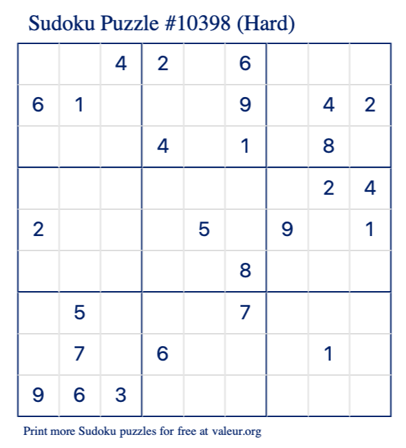 Free Printable Hard Sudoku Puzzle number 10398