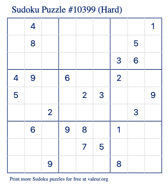 Free Printable Hard Sudoku Puzzle number 10399