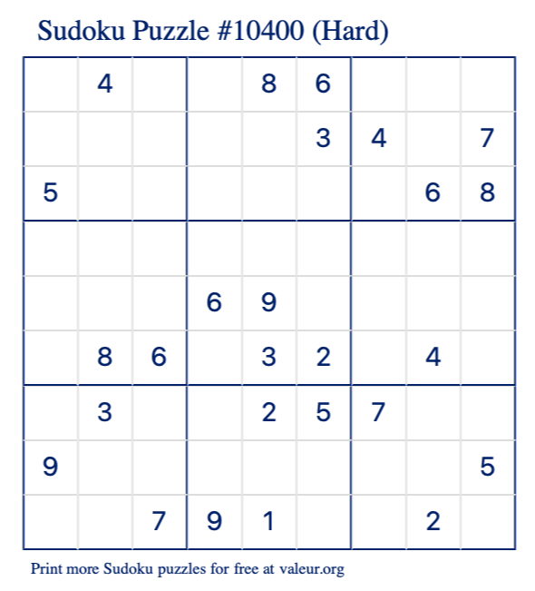 Free Printable Hard Sudoku Puzzle number 10400