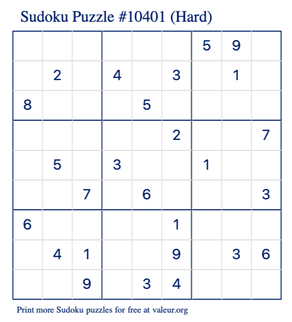 Free Printable Hard Sudoku Puzzle number 10401