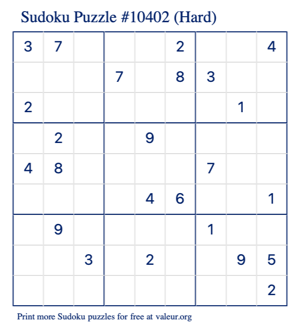 Free Printable Hard Sudoku Puzzle number 10402