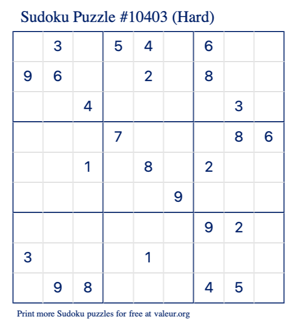 Free Printable Hard Sudoku Puzzle number 10403