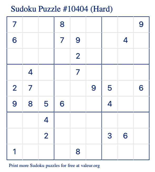 Free Printable Hard Sudoku Puzzle number 10404