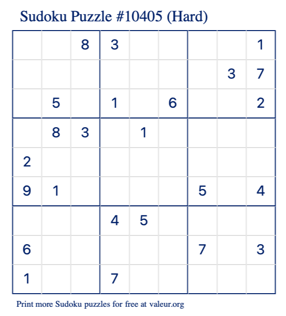 Free Printable Hard Sudoku Puzzle number 10405