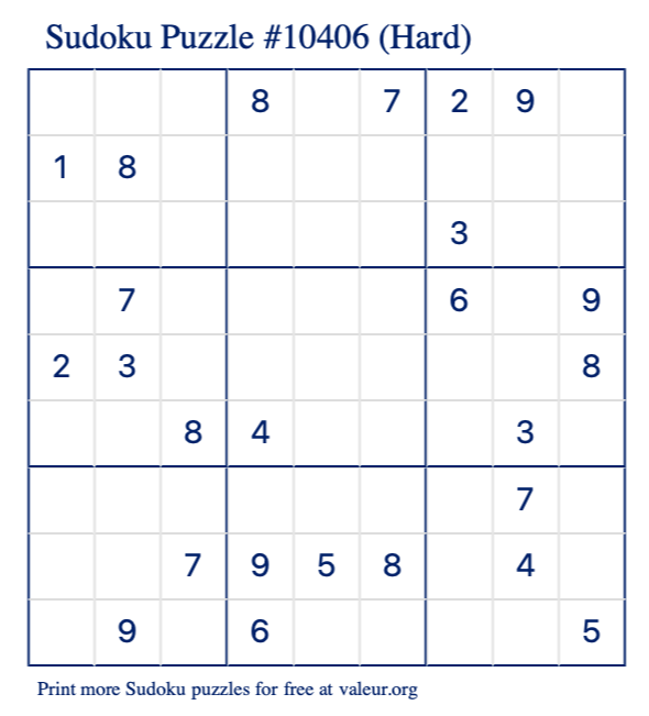 Free Printable Hard Sudoku Puzzle number 10406