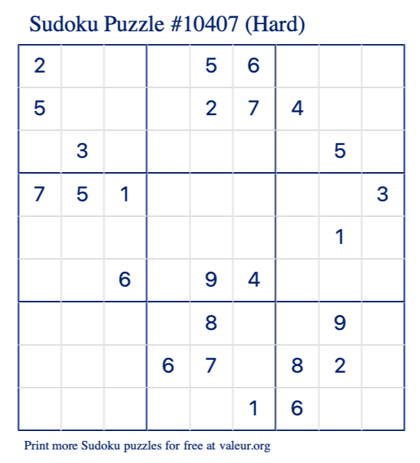 Free Printable Hard Sudoku Puzzle number 10407