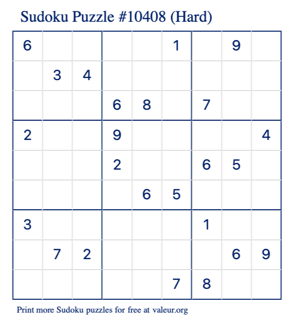 Free Printable Hard Sudoku Puzzle number 10408