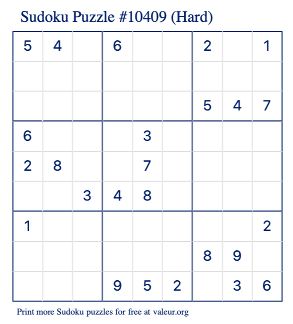 Free Printable Hard Sudoku Puzzle number 10409